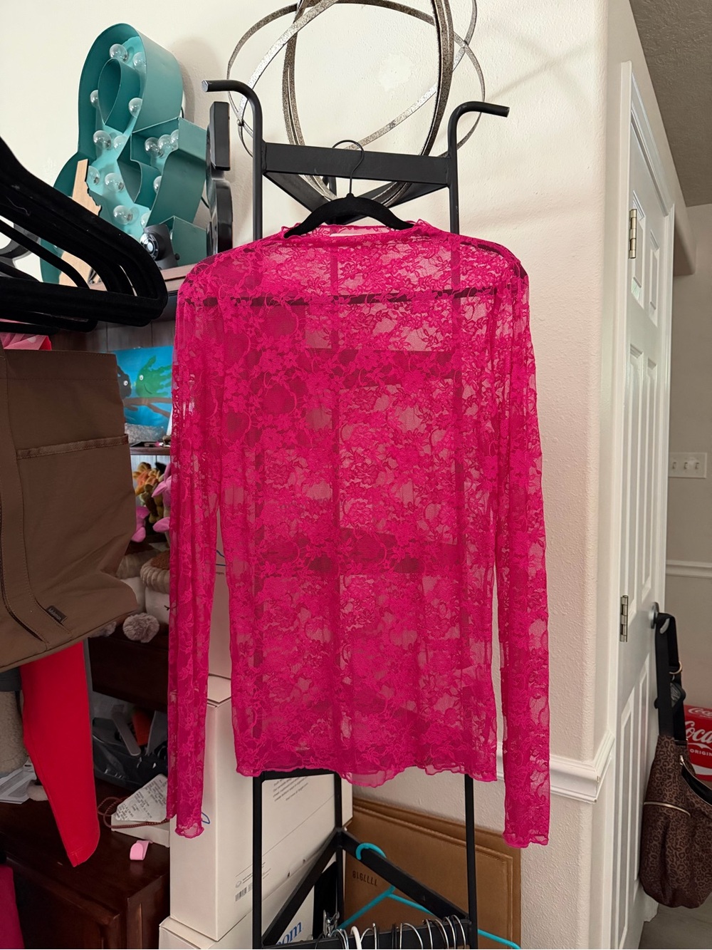 Sheer Fuchsia Lace Long Sleeve Top